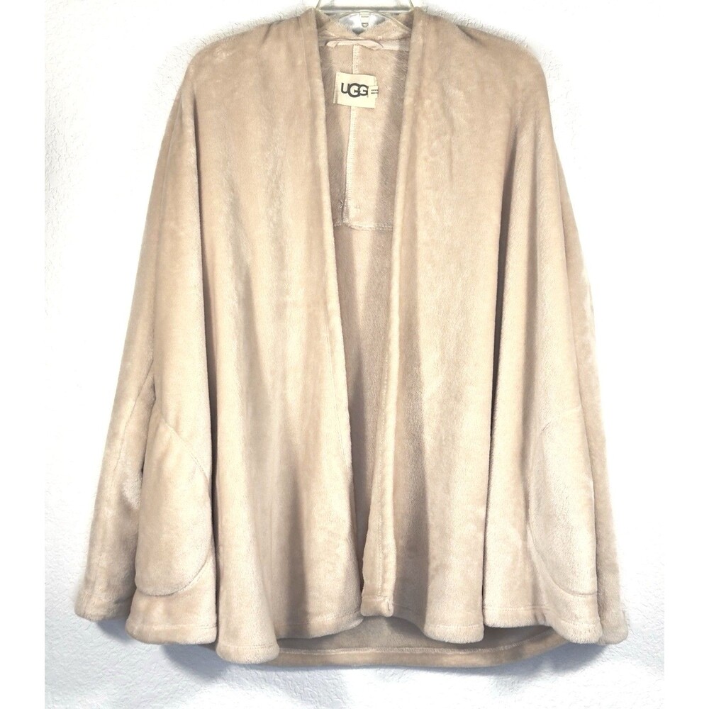 UGG Womens M Beige Plush Fleece Cardigan Open Front Shawl Collar Pockets Cozy - Picture 7 of 11